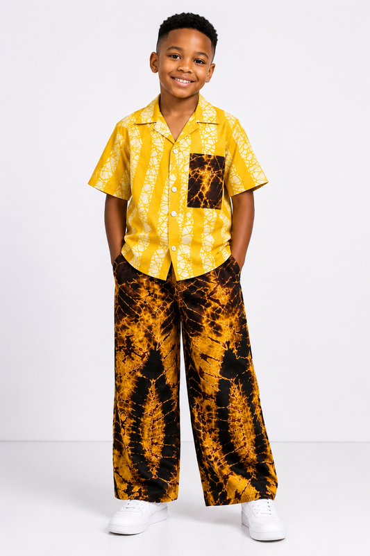 **Ankara Print Shirt & Wide-Leg Pants Kids Set | African Print Unisex' 2-Piece Set | Agbeke Style