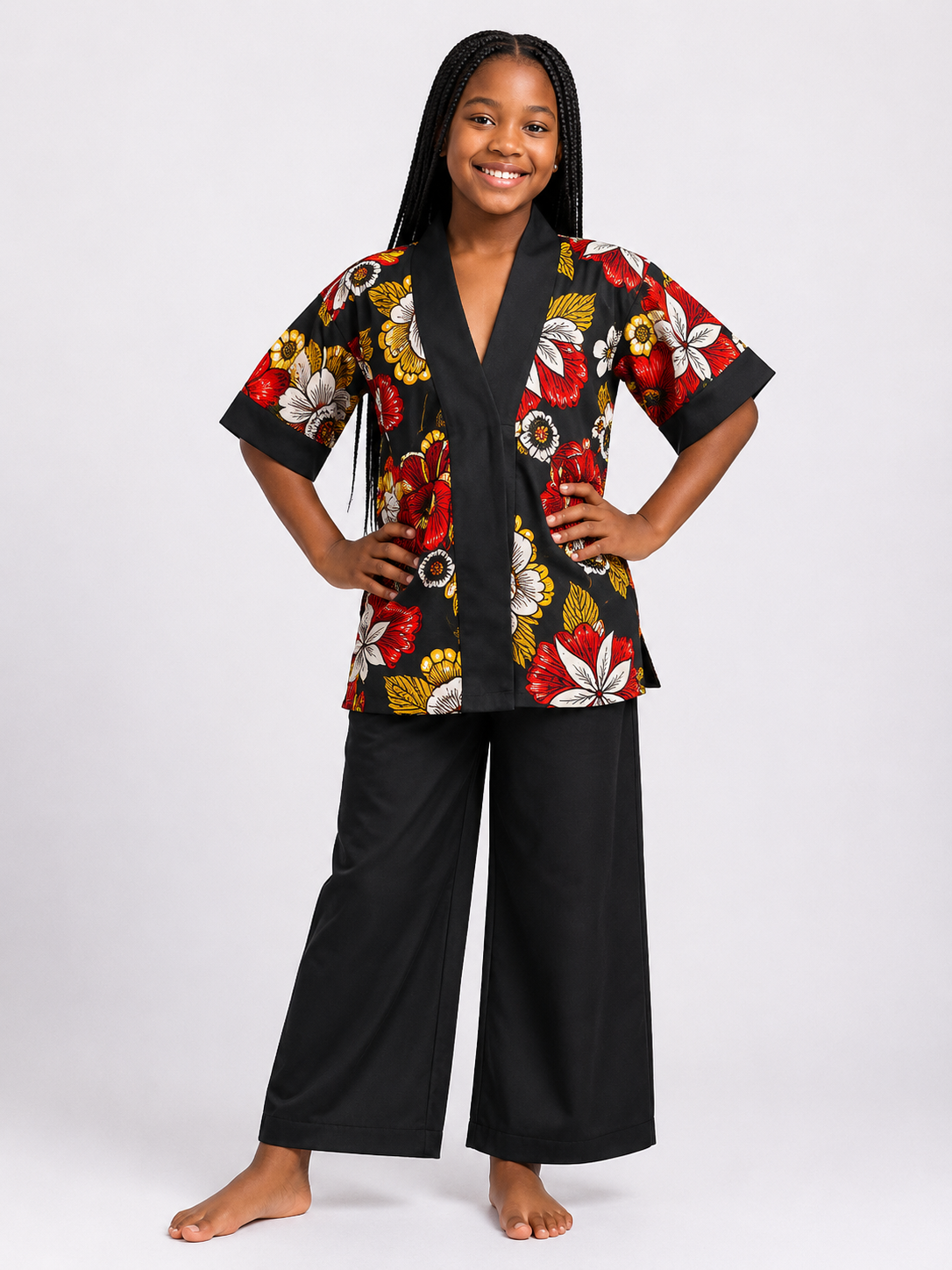 Ankara Floral Kimono Top & Wide-Leg Pants Set | African Print Kids' 2-Piece | Agbeke Style
