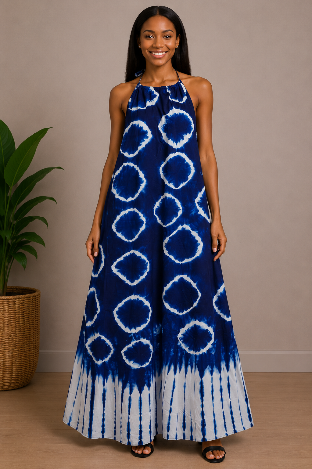 Tie-Dye Halter Neck Maxi Dress | Backless African Print Dress | Agbeke Style