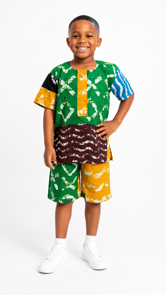 *Ankara Patchwork Top & Shorts Set | African Print Boys' 2-Piece | Agbeke Style