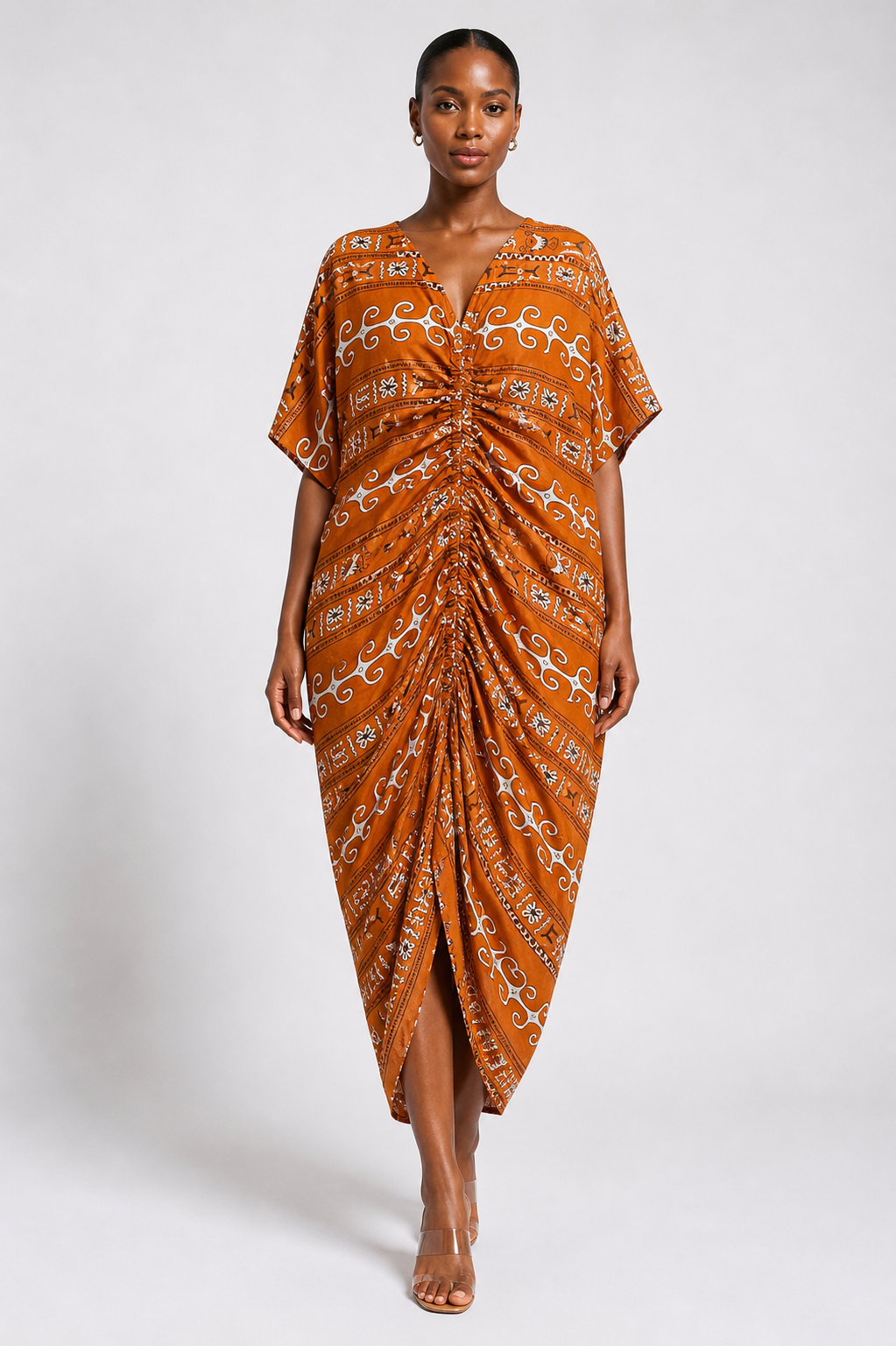 Ankara Ruched Midi Dress with Inner Belt | Agbeke Style