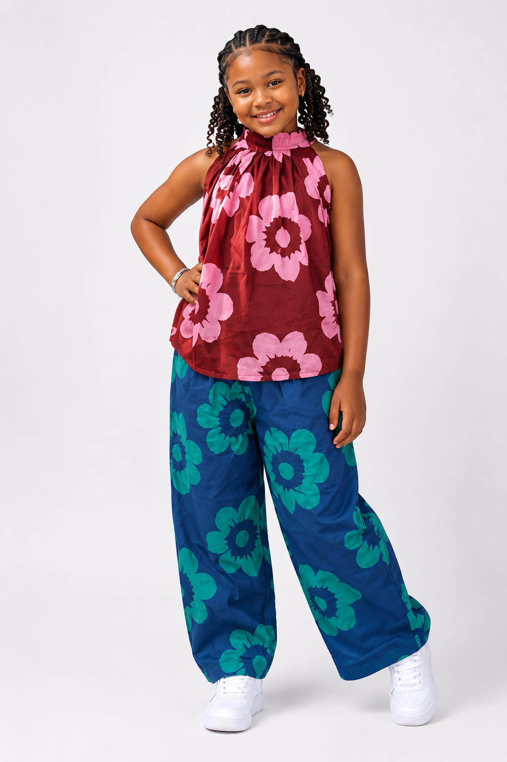 *Ankara Floral Halter Top & Wide-Leg Pants Set | African Print Kids' 2-Piece | Agbeke Style