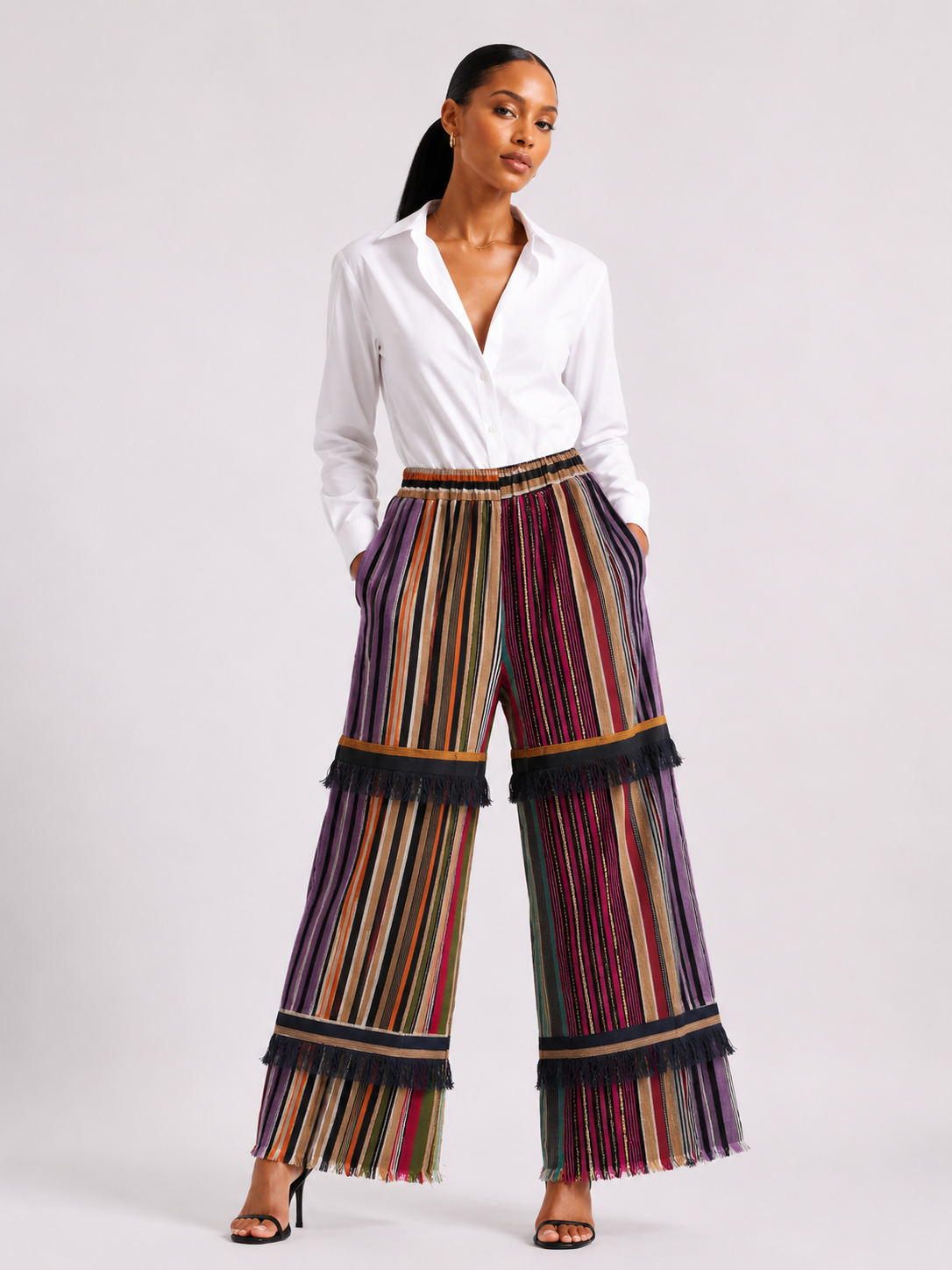 Asooke With Fringe Wide Leg Palazzo Pants | African Striped Trousers | Agbeke Style