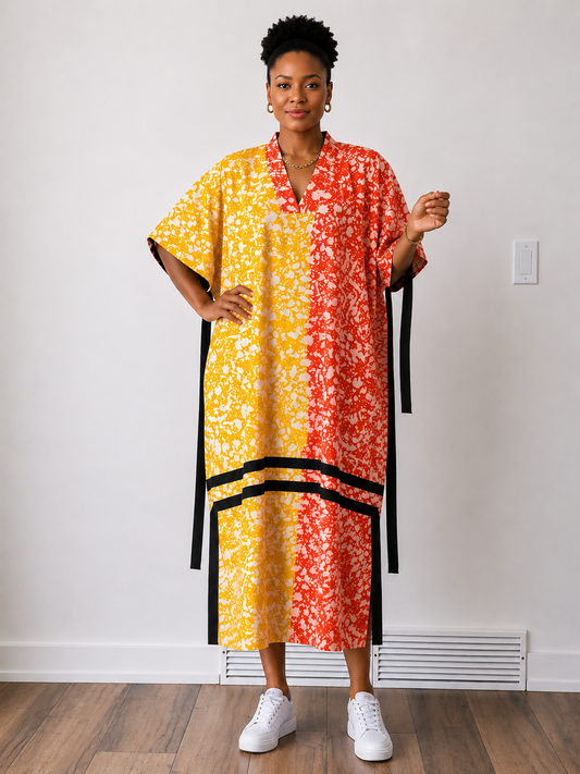 *Ankara Midi Bubu Dress with Black Tie (Contrast Trim) | African Print Midi Kaftan | Agbeke Style