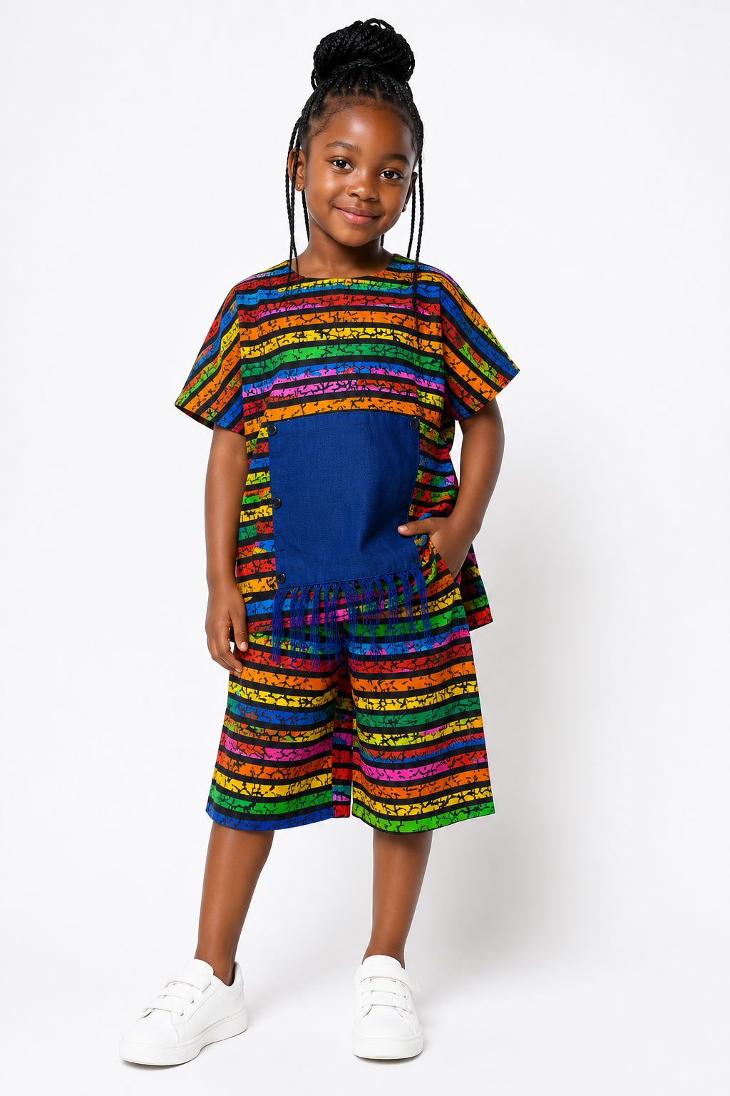 Ankara Top & Shorts Set with Asooke Fringe Pocket | African Print Kids' 2-Piece | Agbeke Style