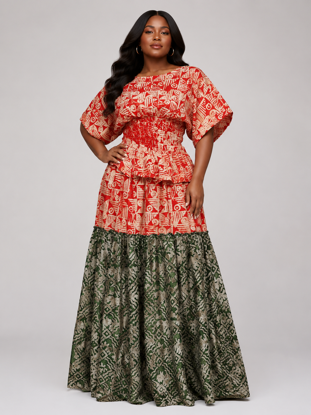 *Adire Smocked Peplum Top & Tiered Maxi Skirt Set | African Print Co-ord | Agbeke Style