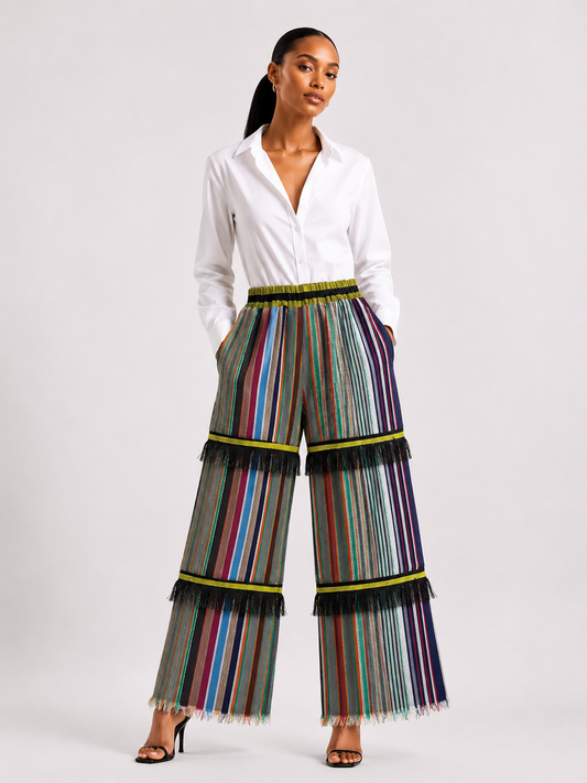 Asooke With Fringe Wide Leg Palazzo Pants | African Striped Trousers | Agbeke Style