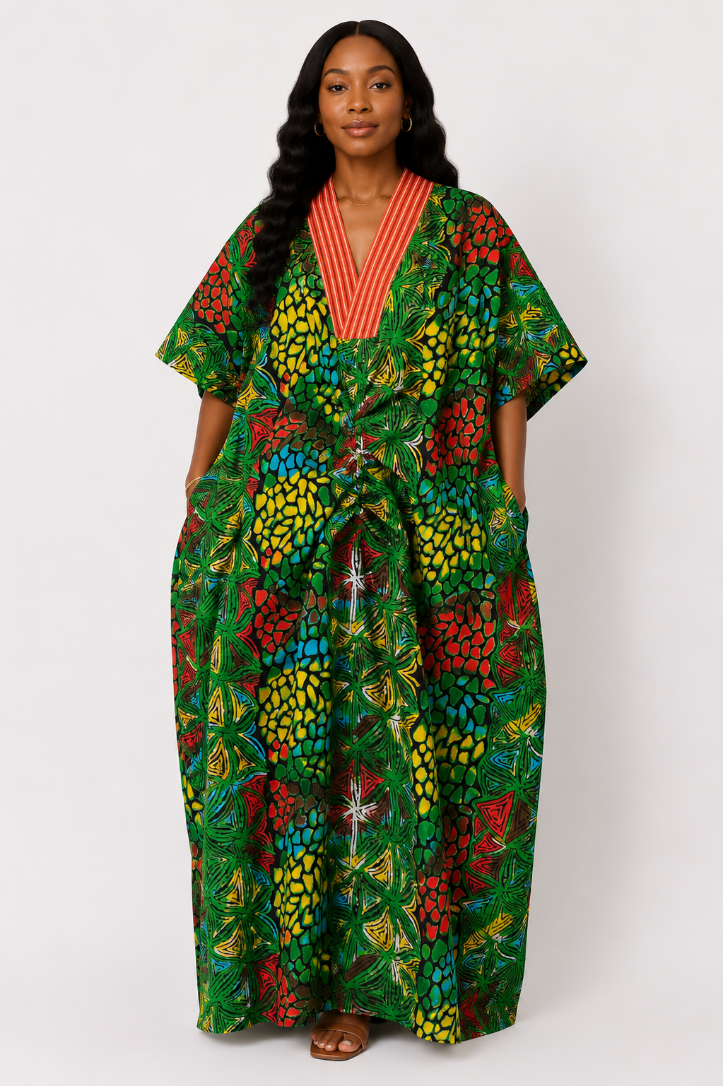 Ankara Ruched Kaftan with Contrast V-Neck | African Print Maxi Dress | Agbeke Style