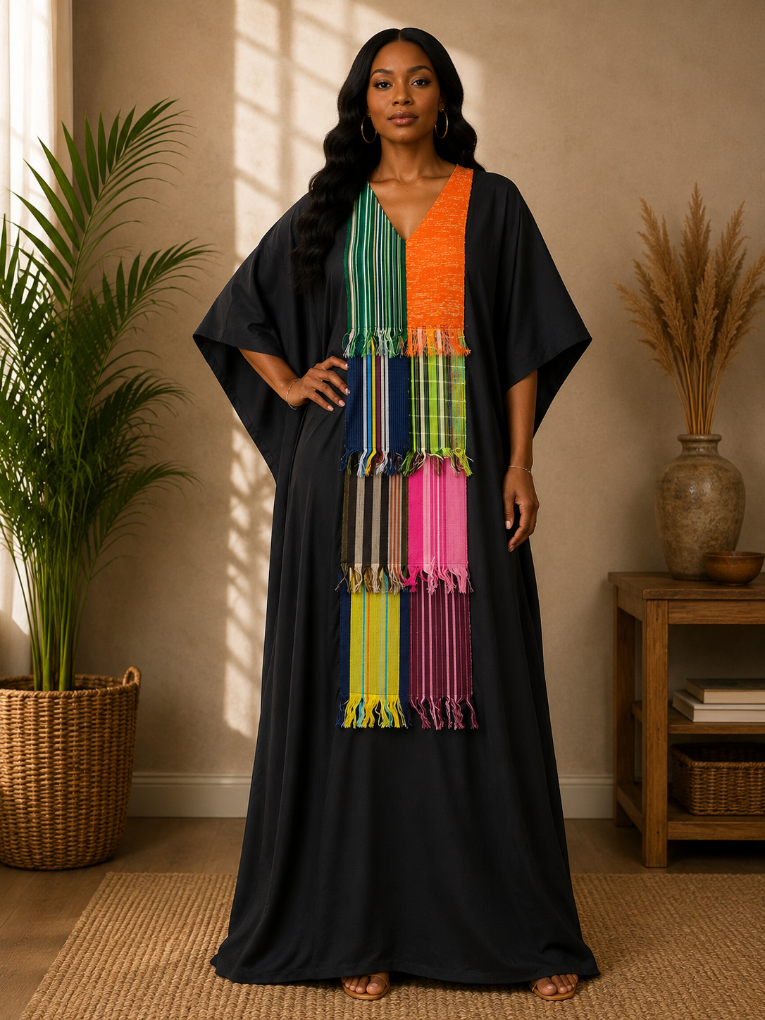 Kaftan with Asooke Patchwork Fringe Panel | Women's Maxi Kaftan | Agbeke Style
