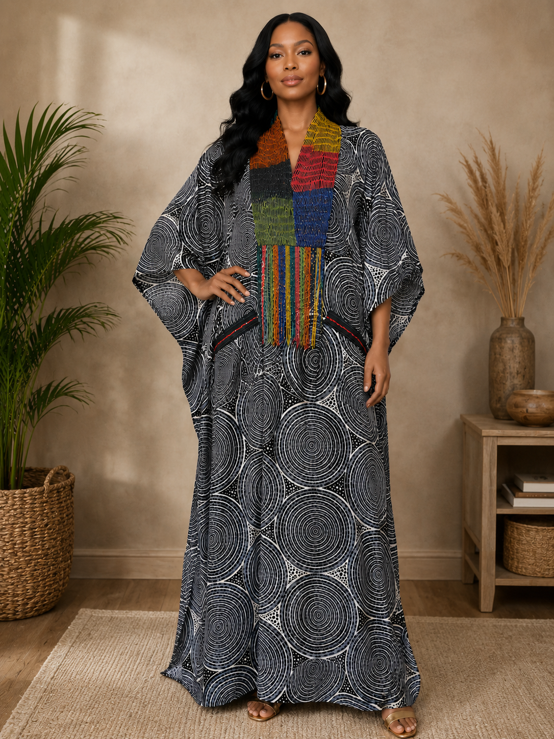 Ankara Hand-Beaded Neckline Bubu Maxi Dress | African Print Kaftan | Agbeke Style