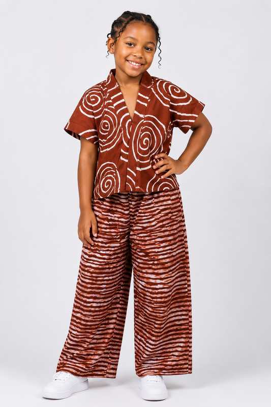 Ankara Contrast Print Top & Wide-Leg Pants Set | African Print Kids' 2-Piece | Agbeke Style