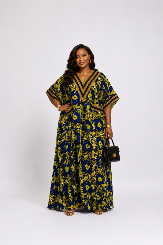Ankara with Asooke V-Neck Bubu Maxi Dress | Rhinestone Detail | Agbeke Style