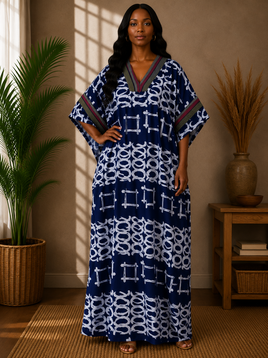 Ankara Kaftan with Assoke Stripe Trim | African Print Maxi Dress | Agbeke Style