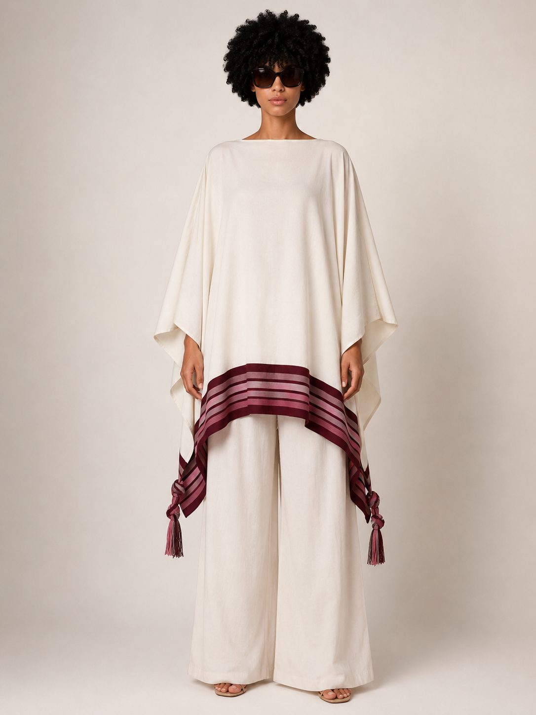 Linen & Asooke Poncho & Straight Leg Pants Set | African Trim Co-ord | Agbeke Style