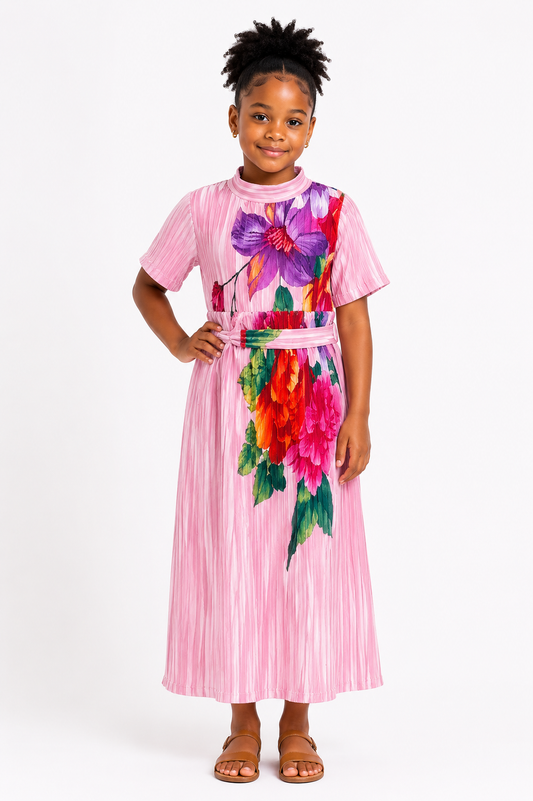 Floral Print Pleated Midi Dress | Kids' Occasion Dress | Agbeke Style