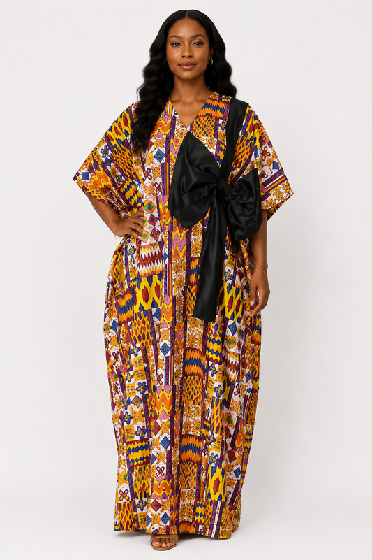 Ankara Kaftan with Satin Bow Detail | African Print Maxi Dress | Agbeke Style