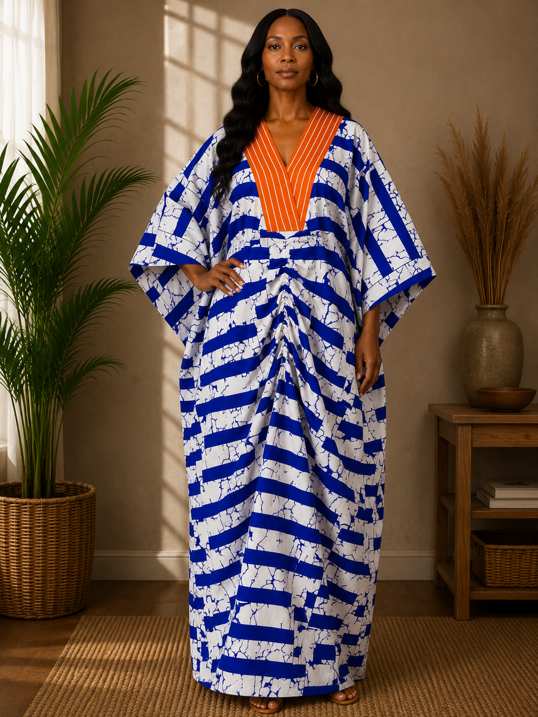 Ankara Ruched Kaftan with Contrast V-Neck | African Print Maxi Dress | Agbeke Style