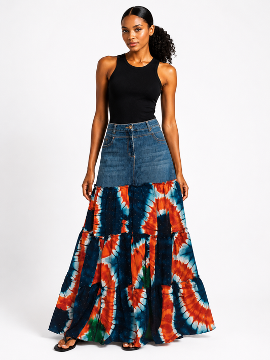 *Denim & Adire Print Chiffon Tiered Maxi Skirt | African Print Maxi Skirt | Agbeke Style