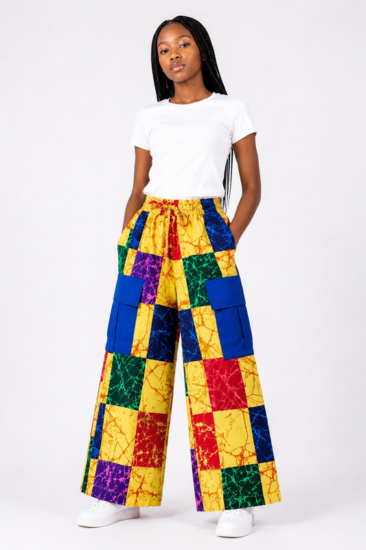 Ankara Colour Block Cargo Pants | African Print Kids' Wide-Leg Pants | Agbeke Style