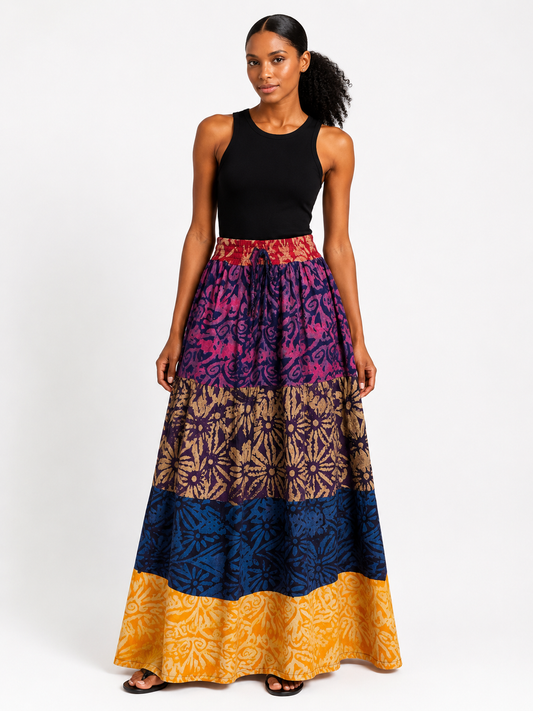 *Adire Maxi Tiered Skirt | African Print Skirt | Agbeke Style