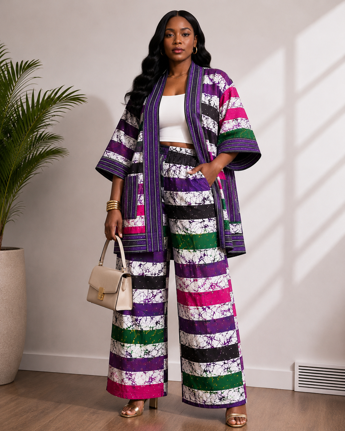 Ankara & Asooke 3-in-1 Kimono Set with Rhinestone Detail | Agbeke Style