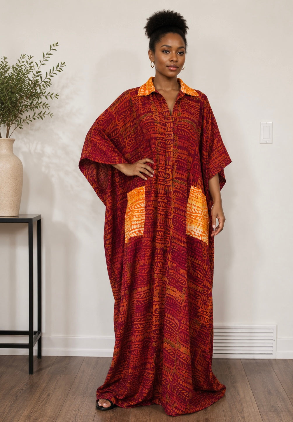 *Adire Shirt Collar Maxi Dress with Contrast Pockets | African Print Kaftan | Agbeke Style