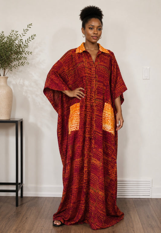 *Adire Shirt Collar Maxi Dress with Contrast Pockets | African Print Kaftan | Agbeke Style