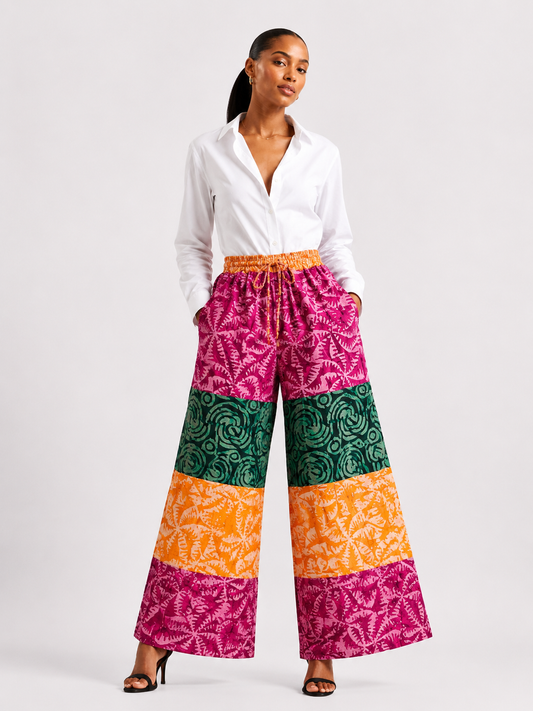 Adire Patchwork Wide Leg Pants | African Print Trousers | Agbeke Style