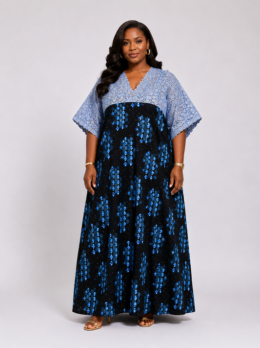 Ankara & Lace Bubu Maxi Dress | Rhinestone Detail | Agbeke Style