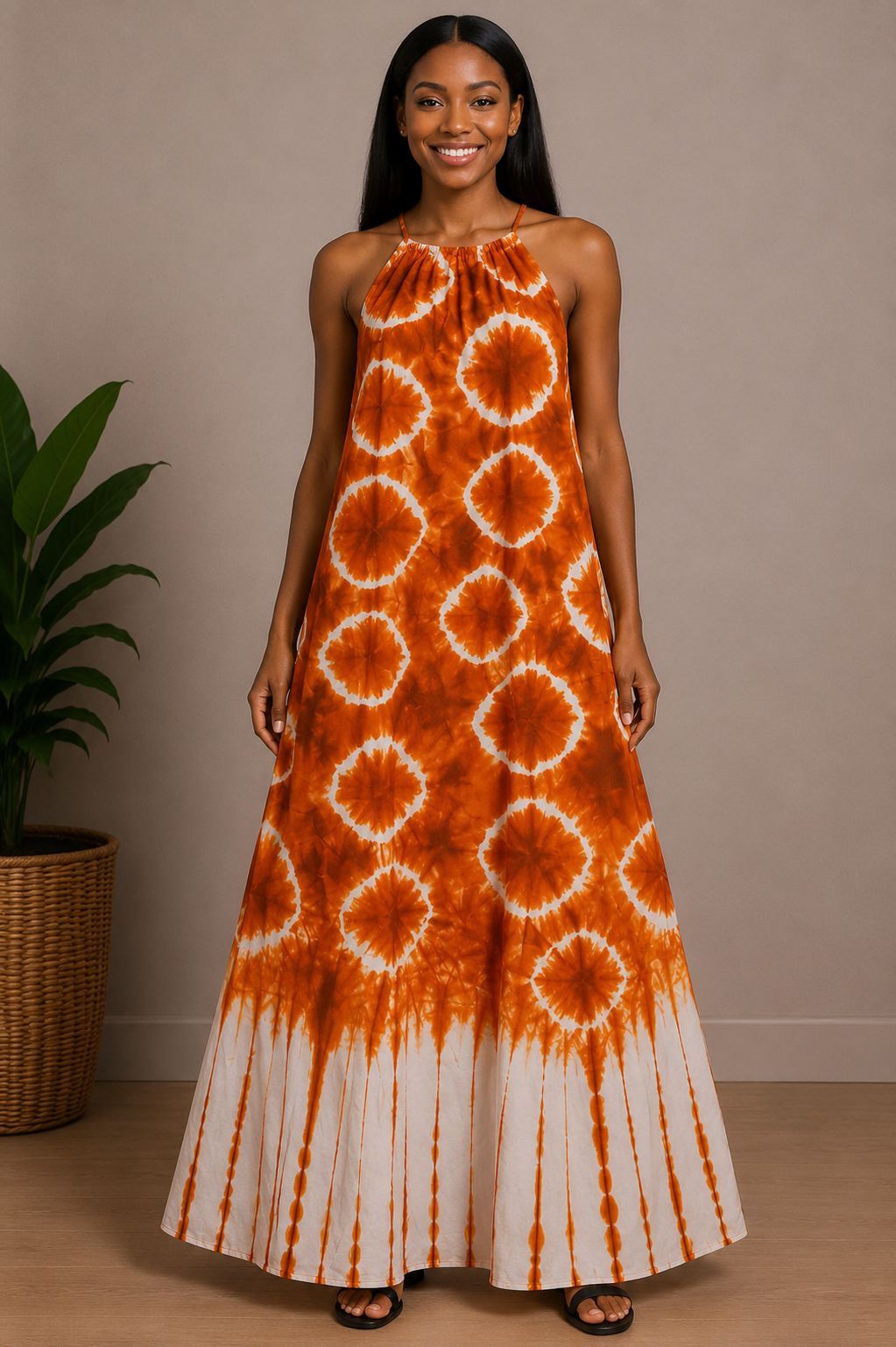 Tie-Dye Halter Neck Maxi Dress | Backless African Print Dress | Agbeke Style