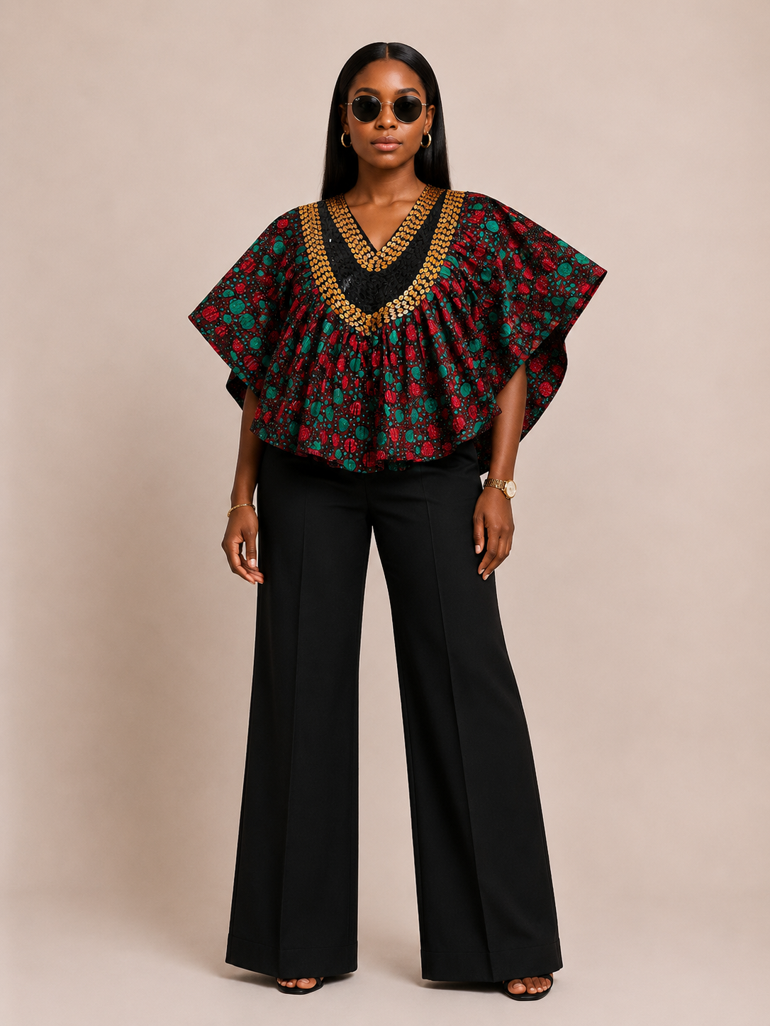 Ankara V-Neck Cape Top with Beaded Trim | African Print Top | Agbeke Style