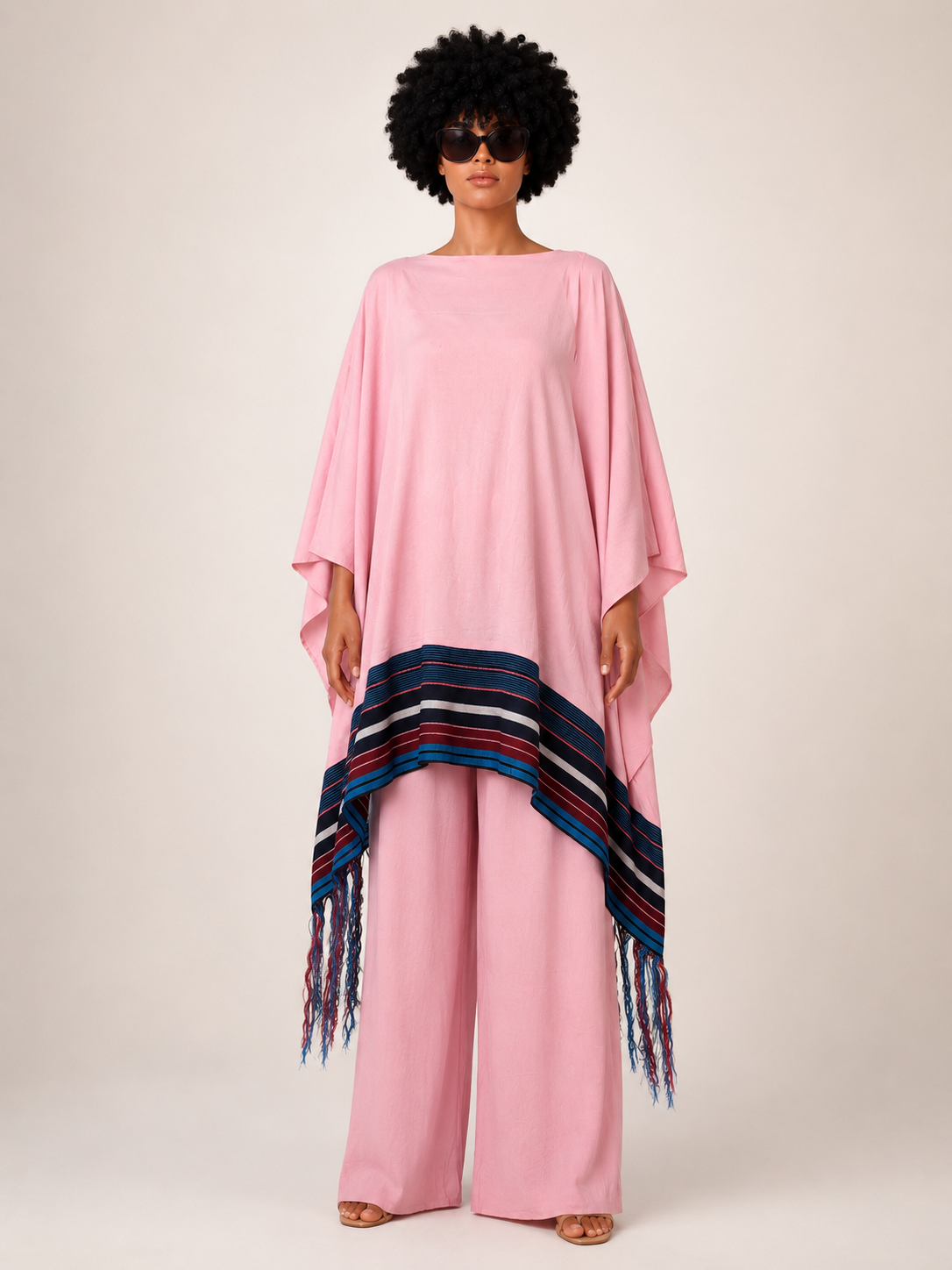 Linen & Asooke Poncho & Straight Leg Pants Set | African Trim Co-ord | Agbeke Style