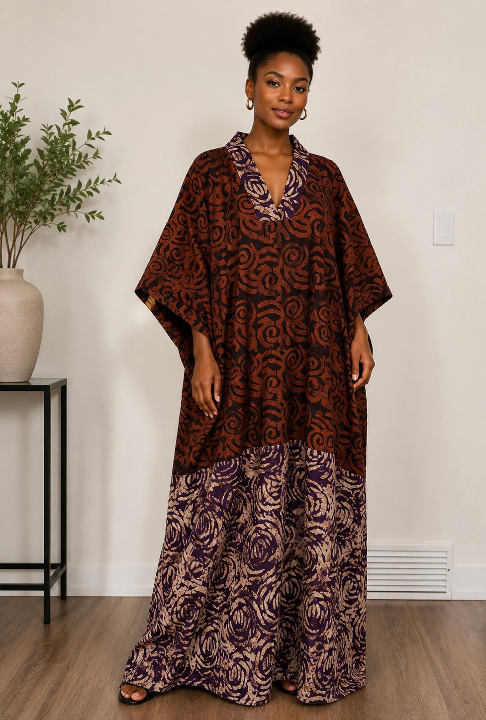 *Adire Maxi Dress with Contrast Neckline| African Print Kaftan | Agbeke Style