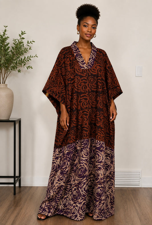 *Adire Maxi Dress with Contrast Neckline| African Print Kaftan | Agbeke Style