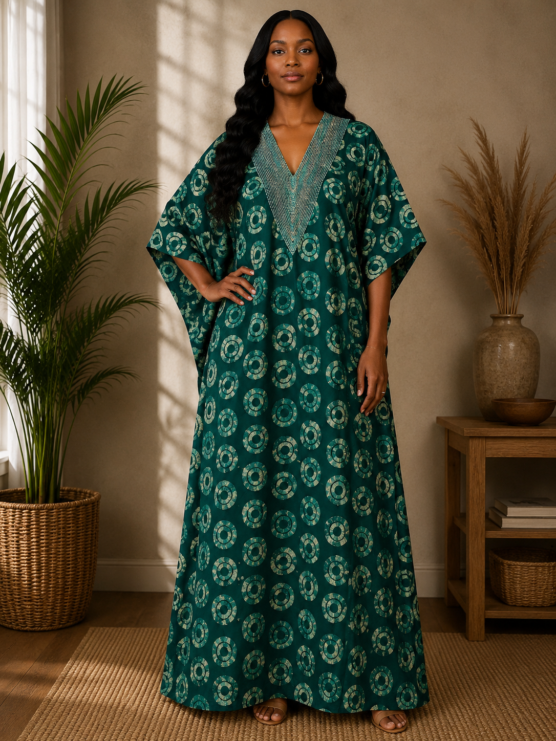 Adire Crepe Kaftan with Rhinestone Neckline | Women's Luxe Maxi Kaftan | Agbeke Style