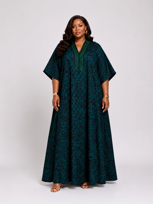 Adire Beaded V-Neck Bubu Maxi Dress | Rhinestone Detail | Agbeke Style