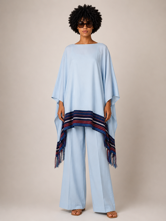 Linen & Asooke Poncho & Straight Leg Pants Set | African Trim Co-ord | Agbeke Style