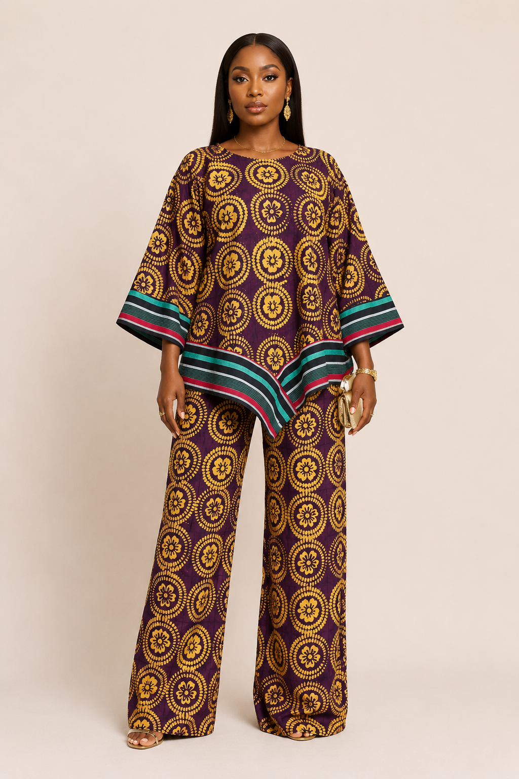 **Adire Print Poncho Top & Wide-Leg Pants Set | Aso-Oke Hem Detail | Agbeke Style