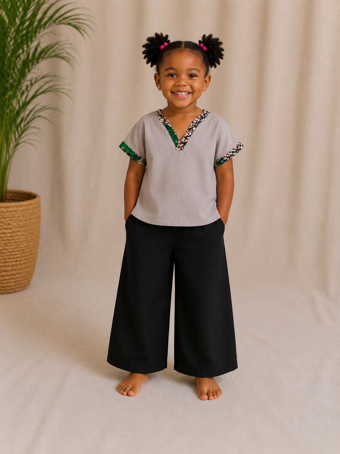 Kids V-Neck Top with Ankara Trim | African Print Detail | Agbeke Style