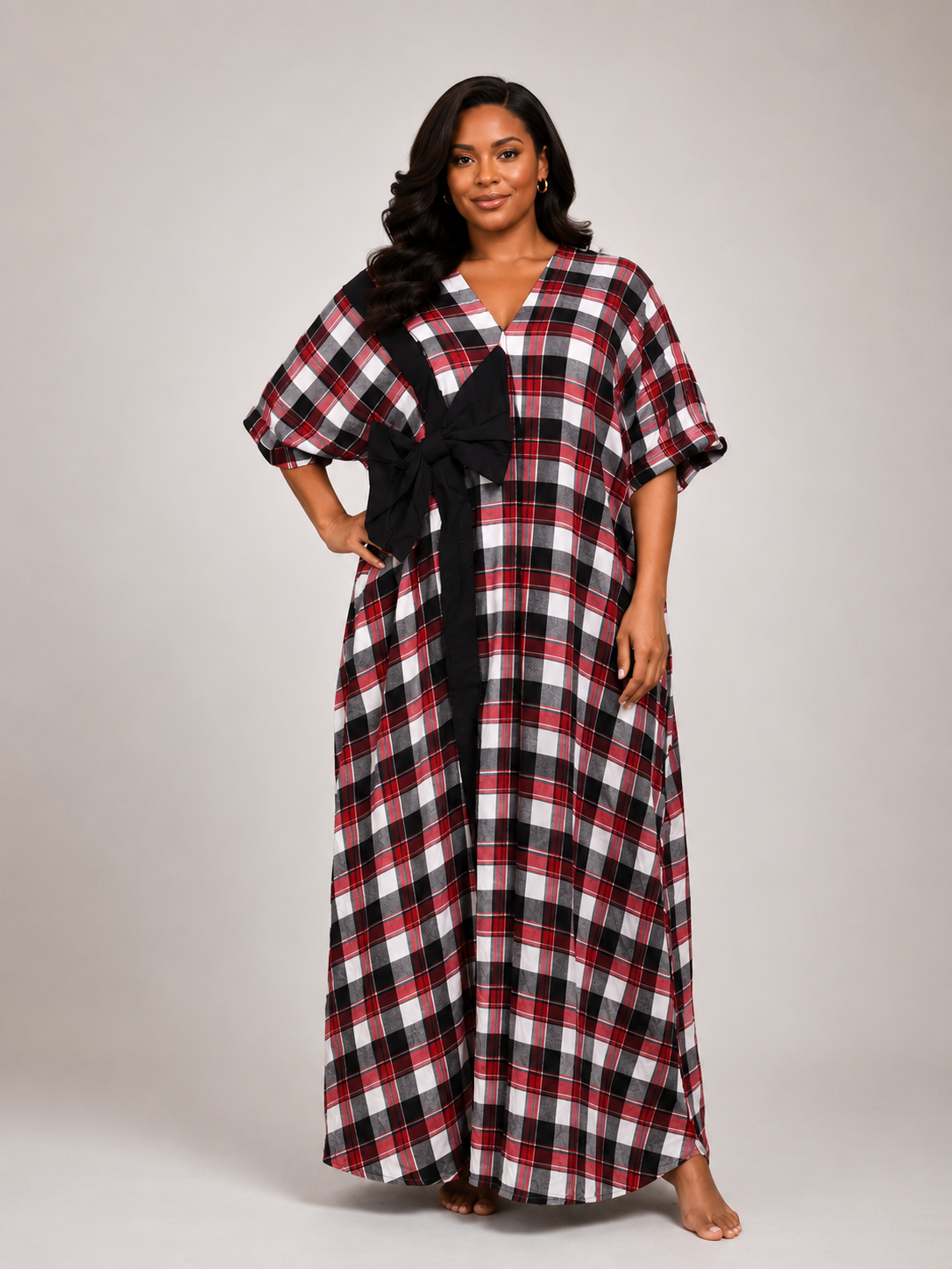 Front Bow Accent Maxi Dress | Relaxed Fit Plaid Gown  | Agbeke Style