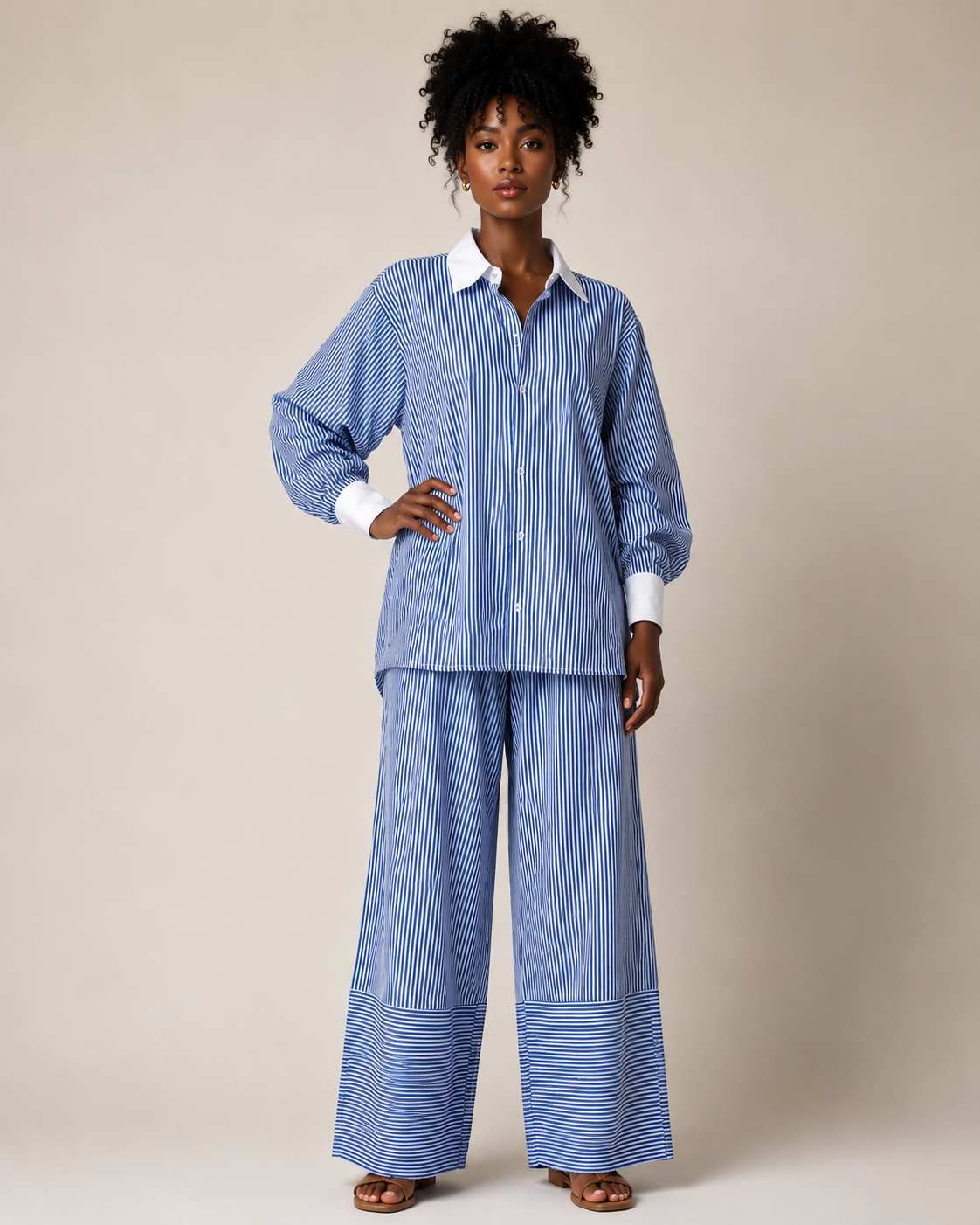 Pinstripe Poplin Shirt & Wide-Leg Pants Set | Women's Co-ord | Agbeke Style