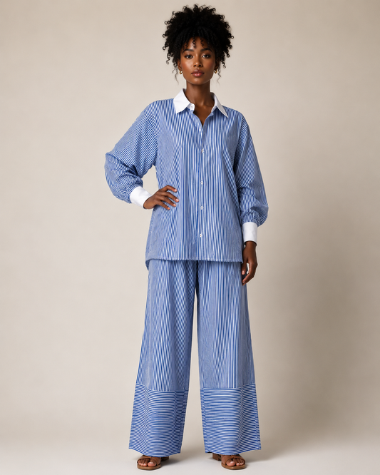 Pinstripe Poplin Shirt & Wide-Leg Pants Set | Women's Co-ord | Agbeke Style