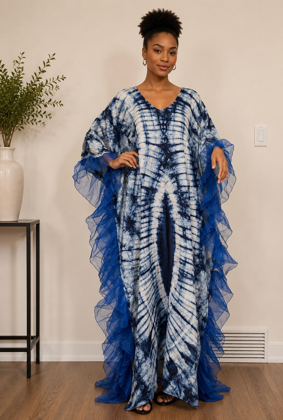 *Adire Silky Maxi Dress with Ruffle Hem | African Print Kaftan | Agbeke Style