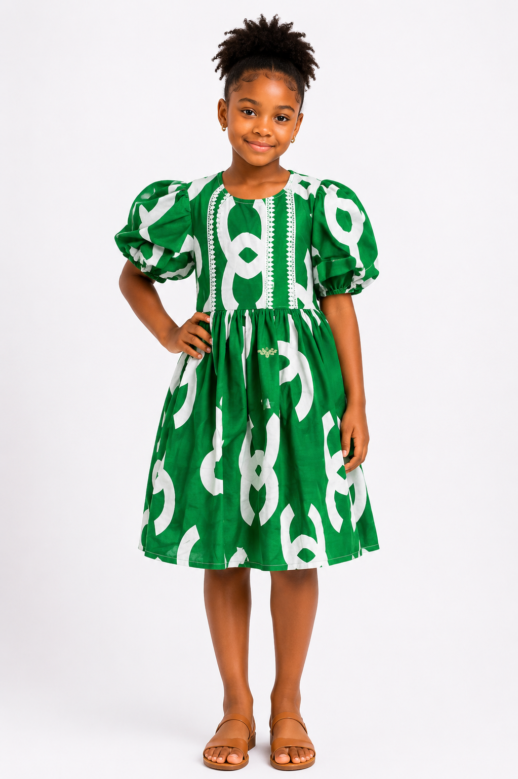 Ankara Puff Sleeve Midi Dress with Lace Trim | African Print Kids' Dress | Agbeke Style