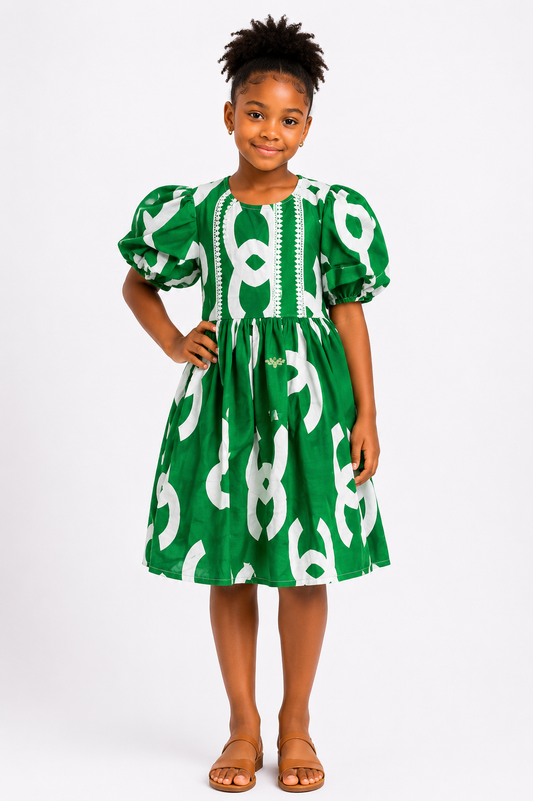 Ankara Puff Sleeve Midi Dress with Lace Trim | African Print Kids' Dress | Agbeke Style