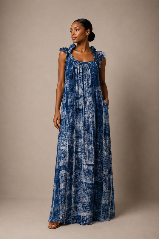 *Adire Ruffle Strap Maxi Dress | African Print Sundress | Agbeke Style