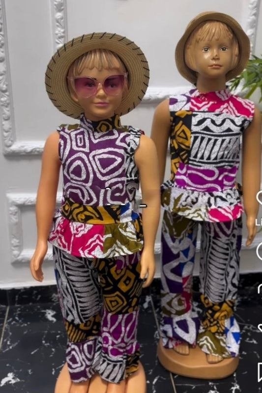 **Ankara Peplum Top & Wide-Leg Pants Set | African Print Kids' 2-Piece | Agbeke Style