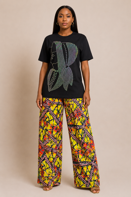 **Ankara Print Wide-Leg Pants & Rhinestone Tee 2pc Set | Agbeke Style