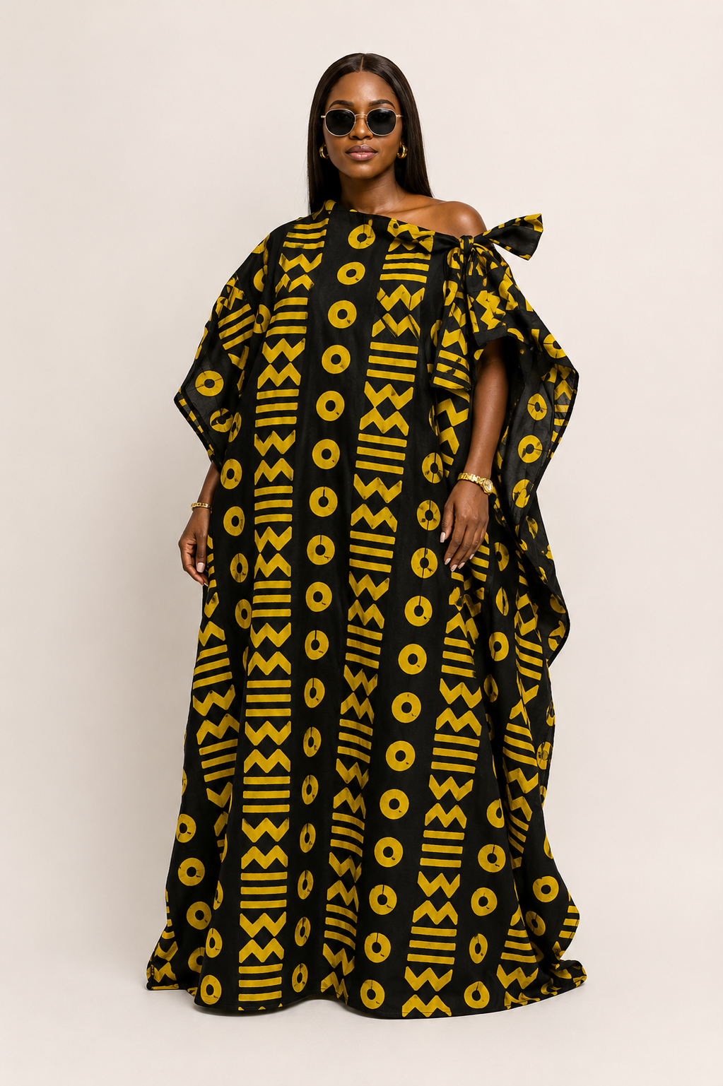 Ankara Off-Shoulder Tie Belt Bubu Maxi Dress | African Print Kaftan | Agbeke Style
