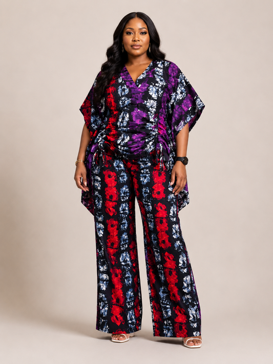 **Ankara Print Ruched Top & Wide-Leg Pants 2pc Set | Agbeke Style